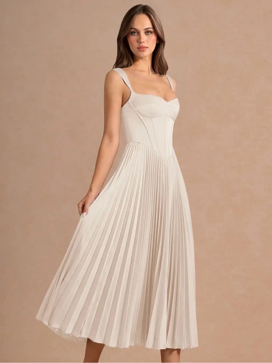 Azazie Dresses & Skirts - Azazie Cream Pleated Maxi Dress with Corset & Structured Bodice